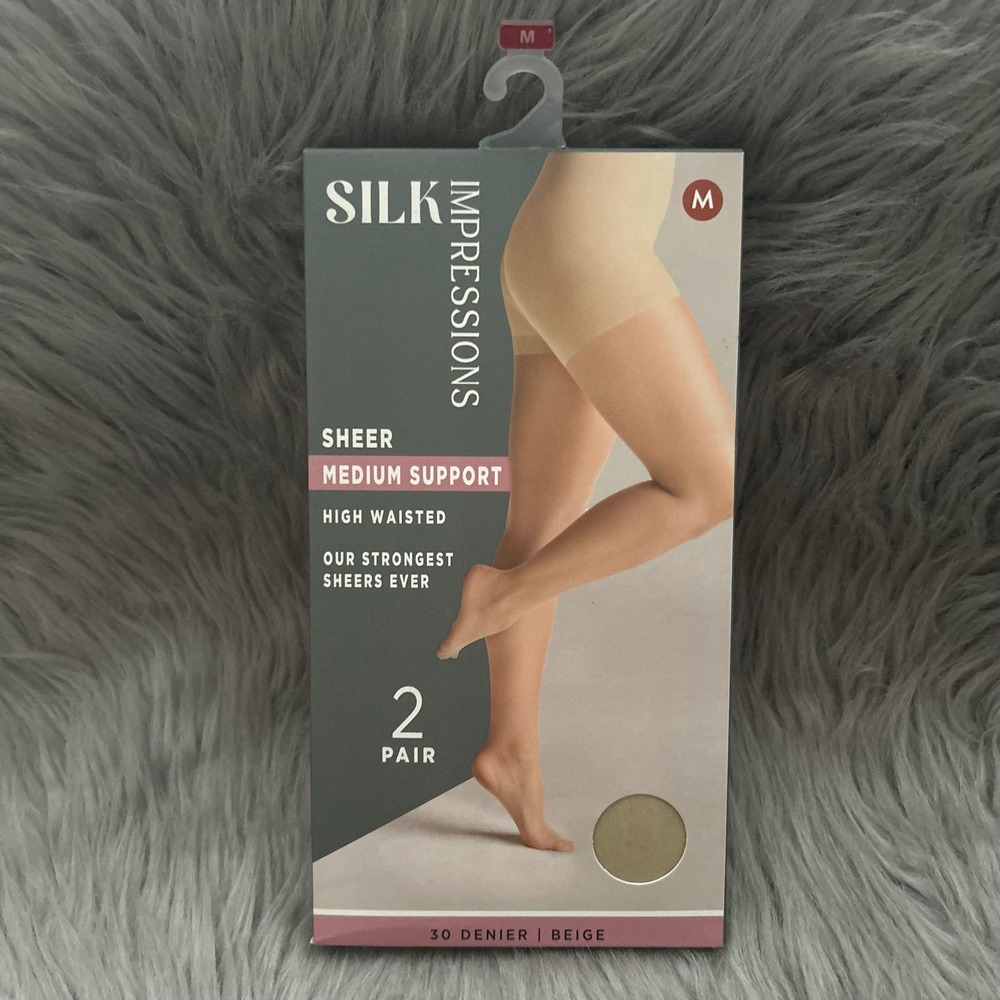Silk Impressions Sheer Tights Medium Support Womens Size Medium Beige High Waist